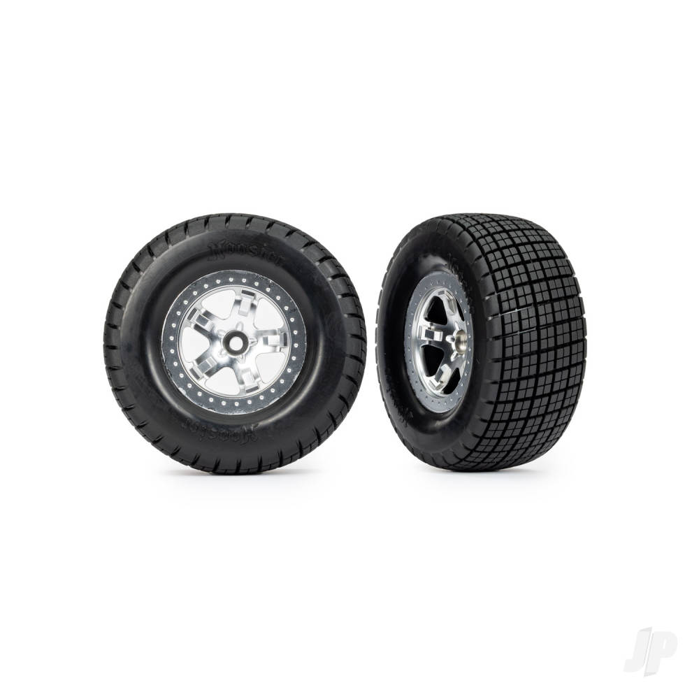 Traxxas Tyres & Wheels, Assembled, Glued (SCT, Satin Chrome wheels, beadlock type (dual profile 2.2in outer 3.0in inner, Hoosier tyres, foam inserts) (2) (2WD front)