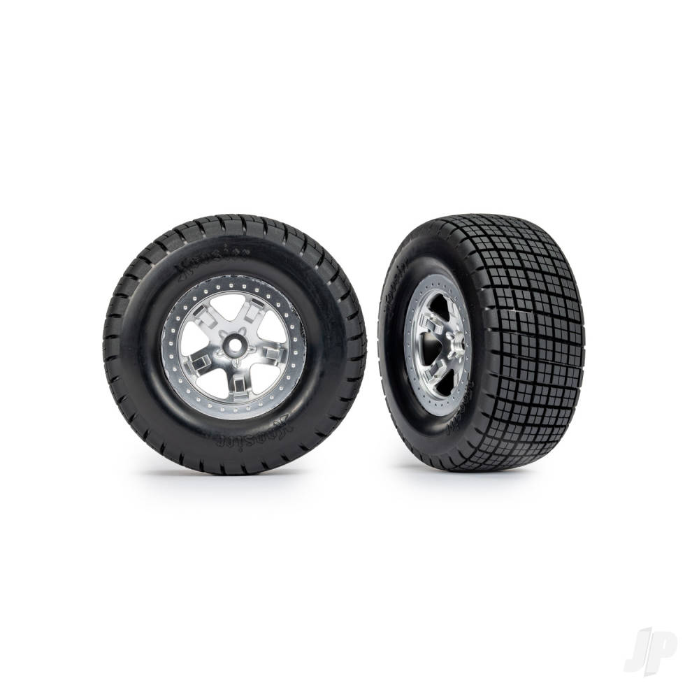 Traxxas Tyres & Wheels, Assembled, Glued (SCT, Satin Chrome wheels, beadlock type (dual profile 2.2in outer 3.0in inner, Hoosier tyres, foam inserts) (2) (4WD front/rear, 2WD rear only)