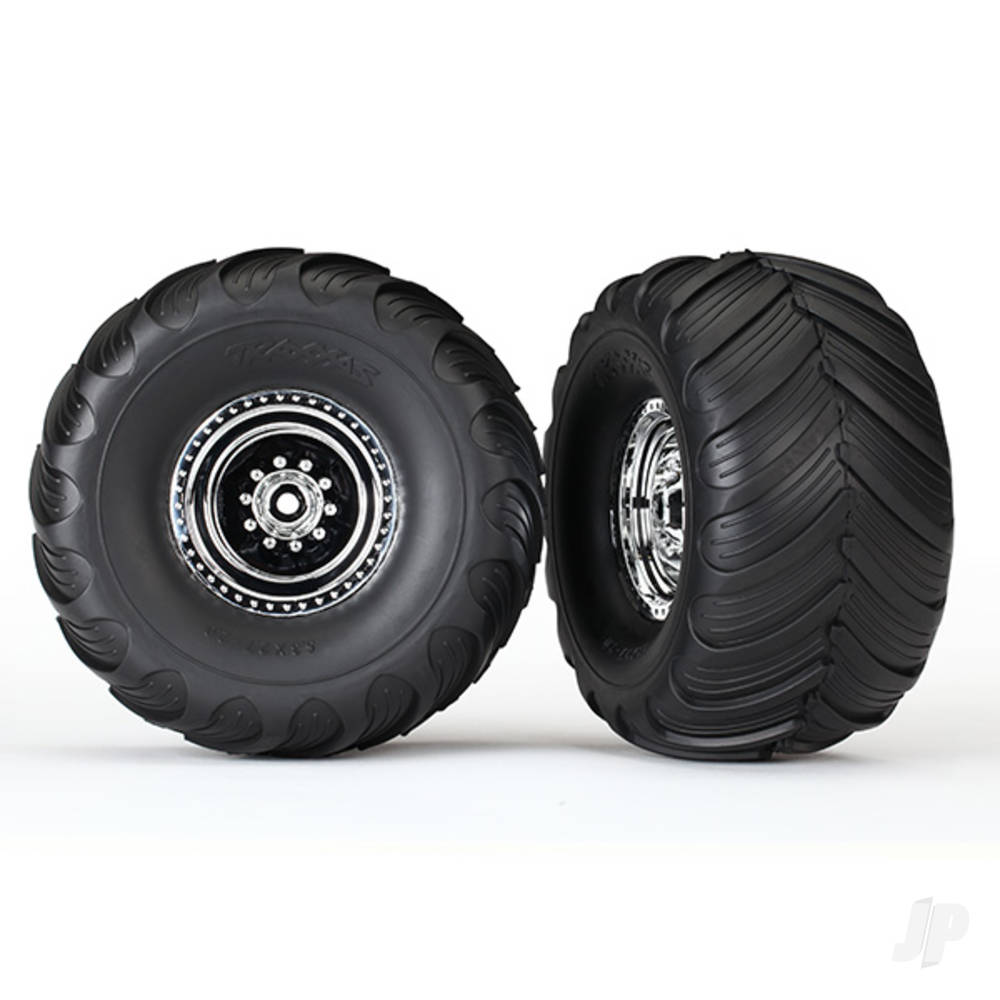 Traxxas Tyres & wheels, assembled, glued (Chrome wheels, Terra Groove dual profile Tyres, foam inserts) (electric rear) (2)