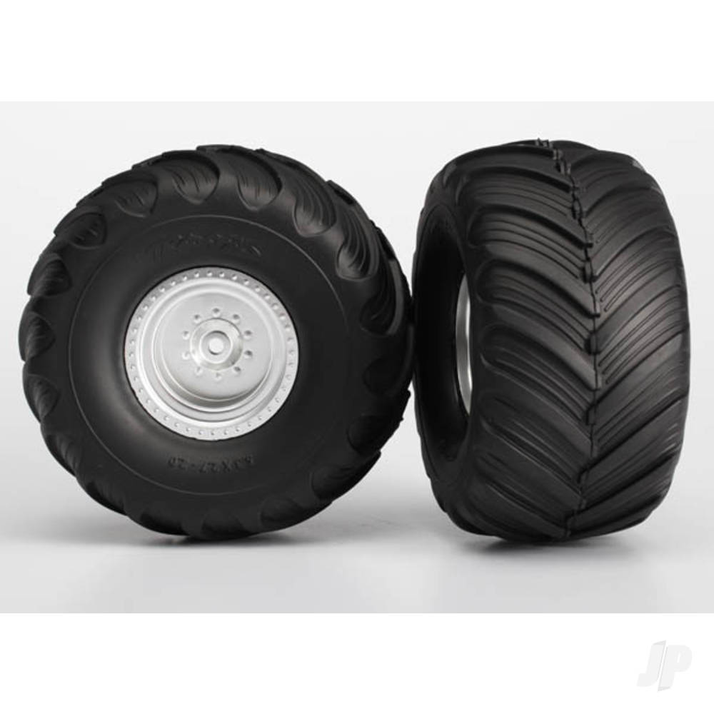 Traxxas Tyres & wheels, assembled, glued (Satin Chrome wheels, Terra Groove dual profile Tyres, foam inserts) (electric rear) (2)