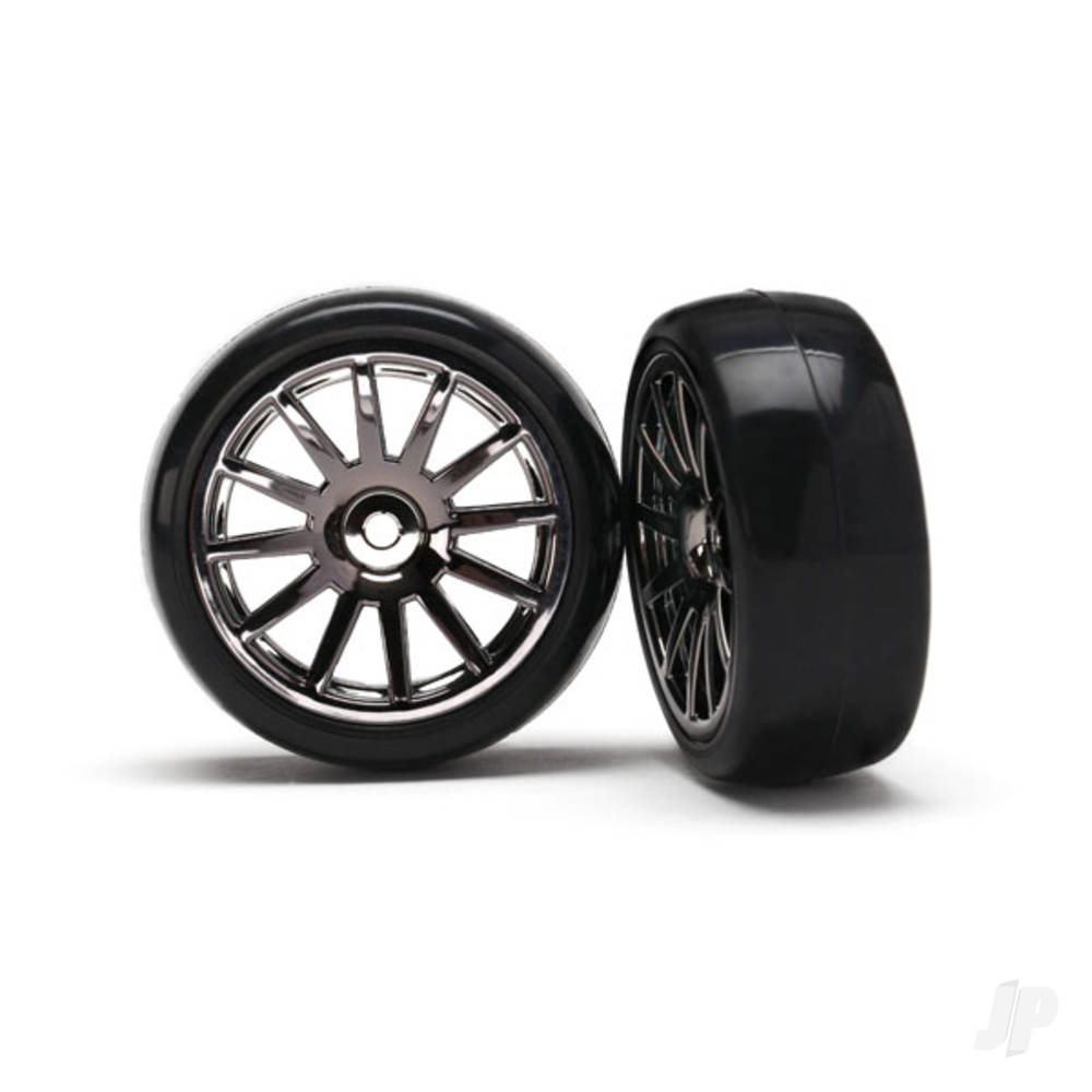 Traxxas Tyres & wheels, assembled, glued (12-spoke Black Chrome wheels, slick tyres) (2)