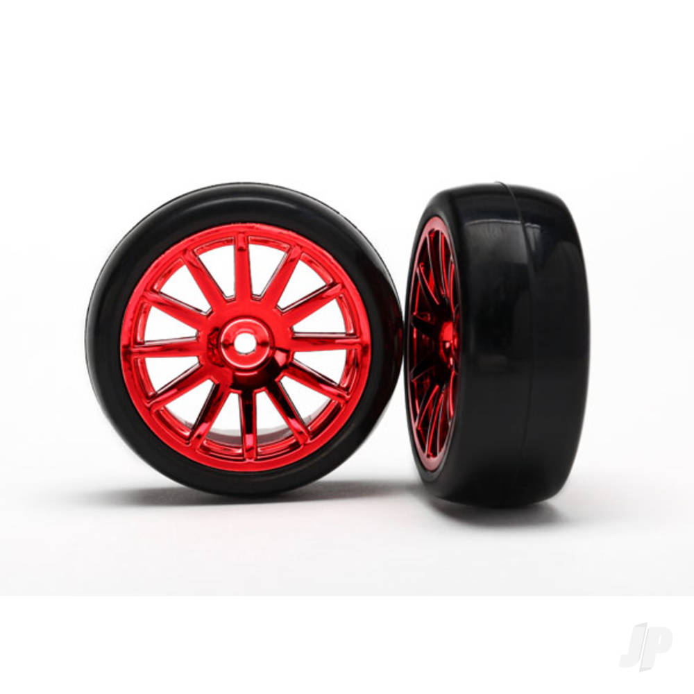 Traxxas Tyres & wheels, assembled, glued (12-spoke Red Chrome wheels, slick tyres) (2)