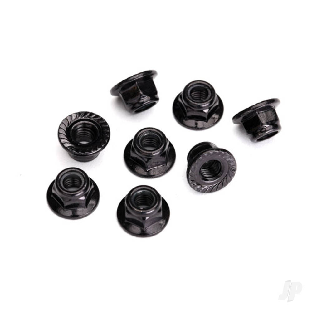Traxxas Nuts, 5mm flanged nylon locking (Steel, Black serrated) (8 pcs)