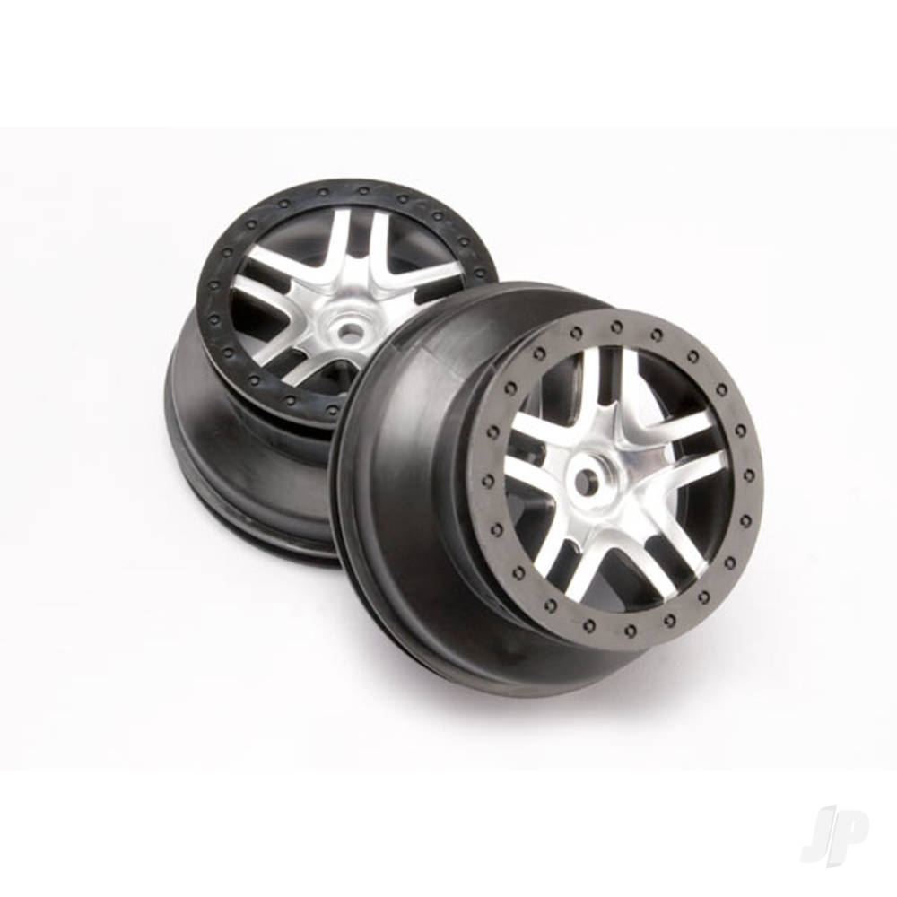 Traxxas Wheels, SCT Split-Spoke, satin chrome, black beadlock style, dual profile (2.2