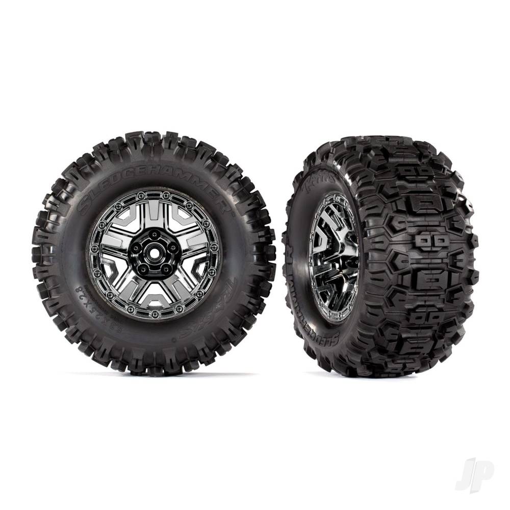 Traxxas Tyres & Wheels, Assembled, Glued (Black Chrome 2.8in Wheels, Sledgehammer Tyres, Foam Inserts) (2 pcs) (TSM Rated)