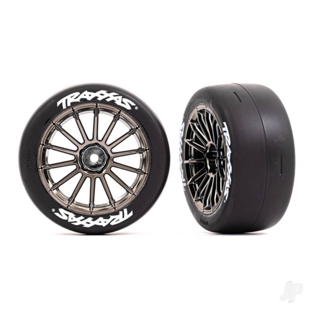 Traxxas Tyres & Wheels, Assembled, Glued (multi-spoke Black Chrome wheels, 2.0in slick Tyres with Traxxas logo, foam inserts) (front) (2) (VXL rated)
