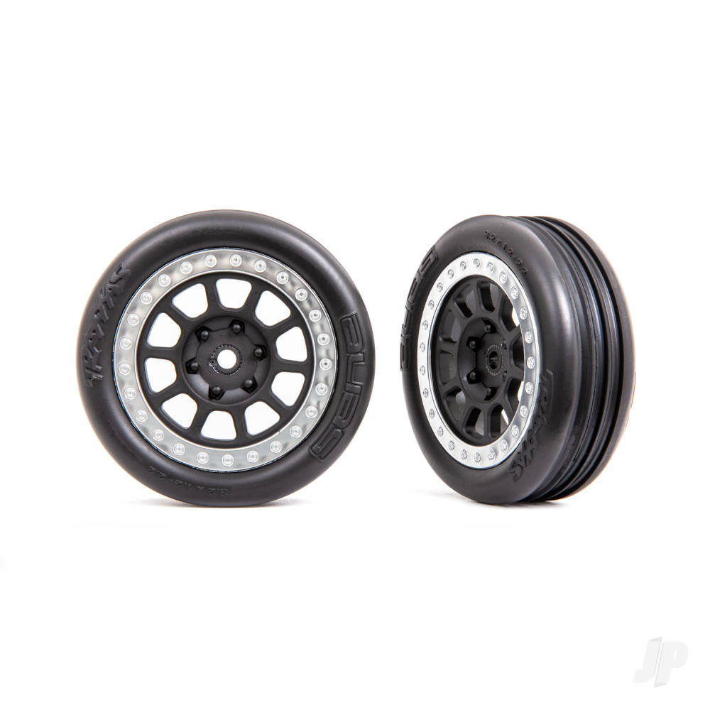 Traxxas Tyres & Wheels, Assembled (2.2in Graphite Grey, Satin Chrome beadlock wheels, Alias ribbed 2.2in Tyres) (2) (Bandit front, medium compound with foam inserts)