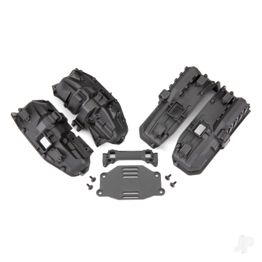Traxxas Fenders, inner (narrow), front & rear (for clipless body mounting) (2 each)/ rock light covers (8)/ battery plate/ body mount/ 3x8 flat-head screws (4)/ 2.5x6 CS (10)