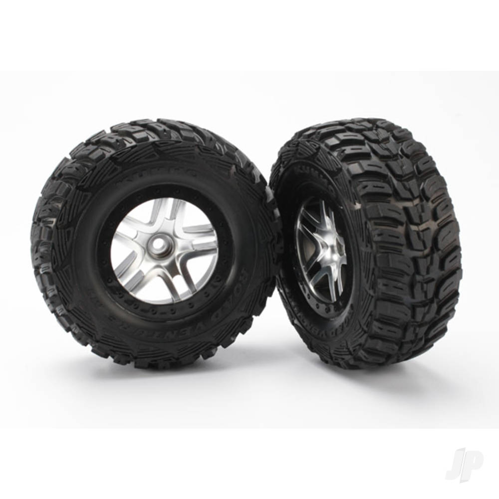 Traxxas Tyre & wheel assembly, glued (SCT Split-Spoke satin chrome, black beadlock style wheels, Kumho Tyres, foam inserts) (2) (2WD front)