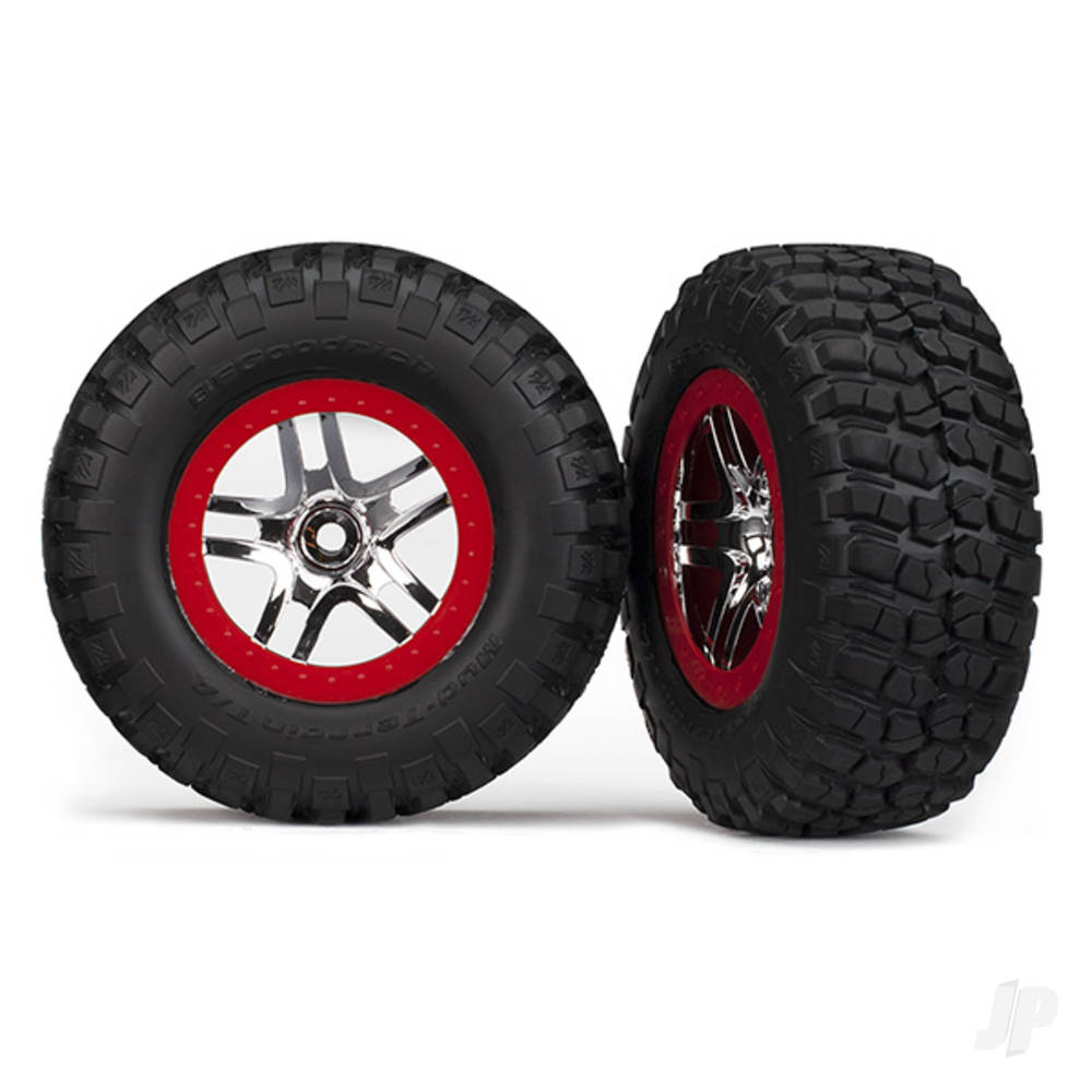 Traxxas Tyre & wheel assembled, glued (S1 compound) (SCT Split-Spoke, chrome red beadlock wheel, BFGoodrich Mud-Terrain T/A KM2 Tyres, inserts) (2) (2WD front)