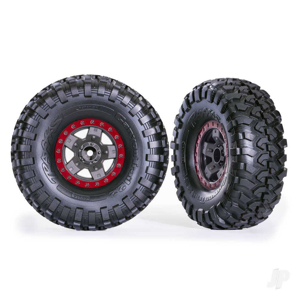 Traxxas Tyres & Wheels, Assembled, Glued (TRX-4 Sport 2.2in Grey, Red beadlock style wheels, Canyon Trail 5.3x2.2in Tyres) (2 pcs)