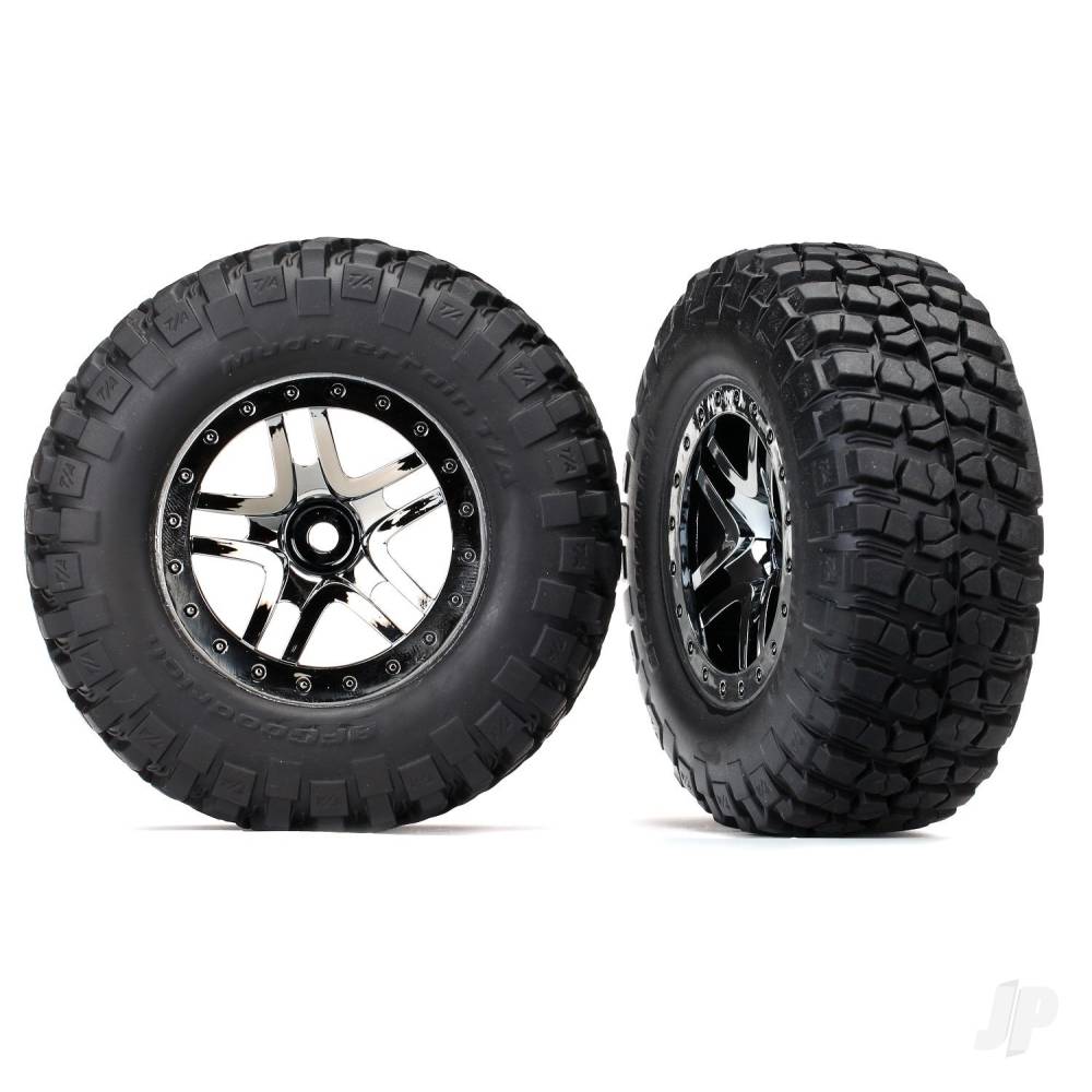 Traxxas Tyres & Wheels, assembled, glued (SCT Split-Spoke black chrome beadlock style wheels, BFGoodrich Mud-Terrain T/A KM2 ultra-soft S1 compound off-road racing tyres, foam inserts) (2) (4WD f/r, 2WD rear) (TSM rated)