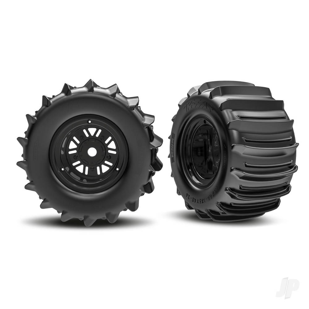 Traxxas Wheels & Tyres, assembled, glued (Pro Scale Sand Car Race black wheels, belted paddle tyres, dual profile (3.6