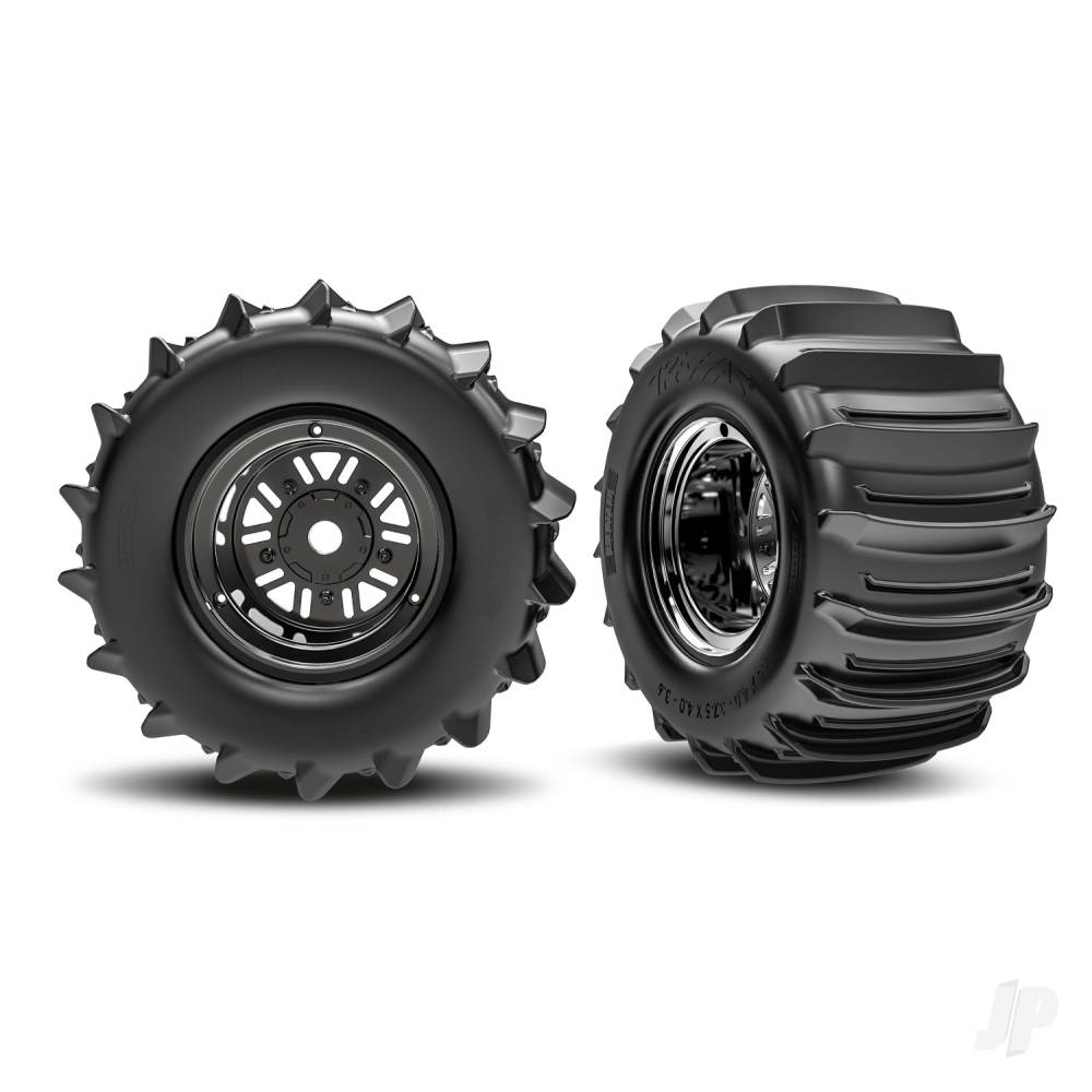 Traxxas Wheels & Tyres, assembled, glued (Pro Scale Sand Car Race black chrome wheels, belted paddle tyres, dual profile (3.6