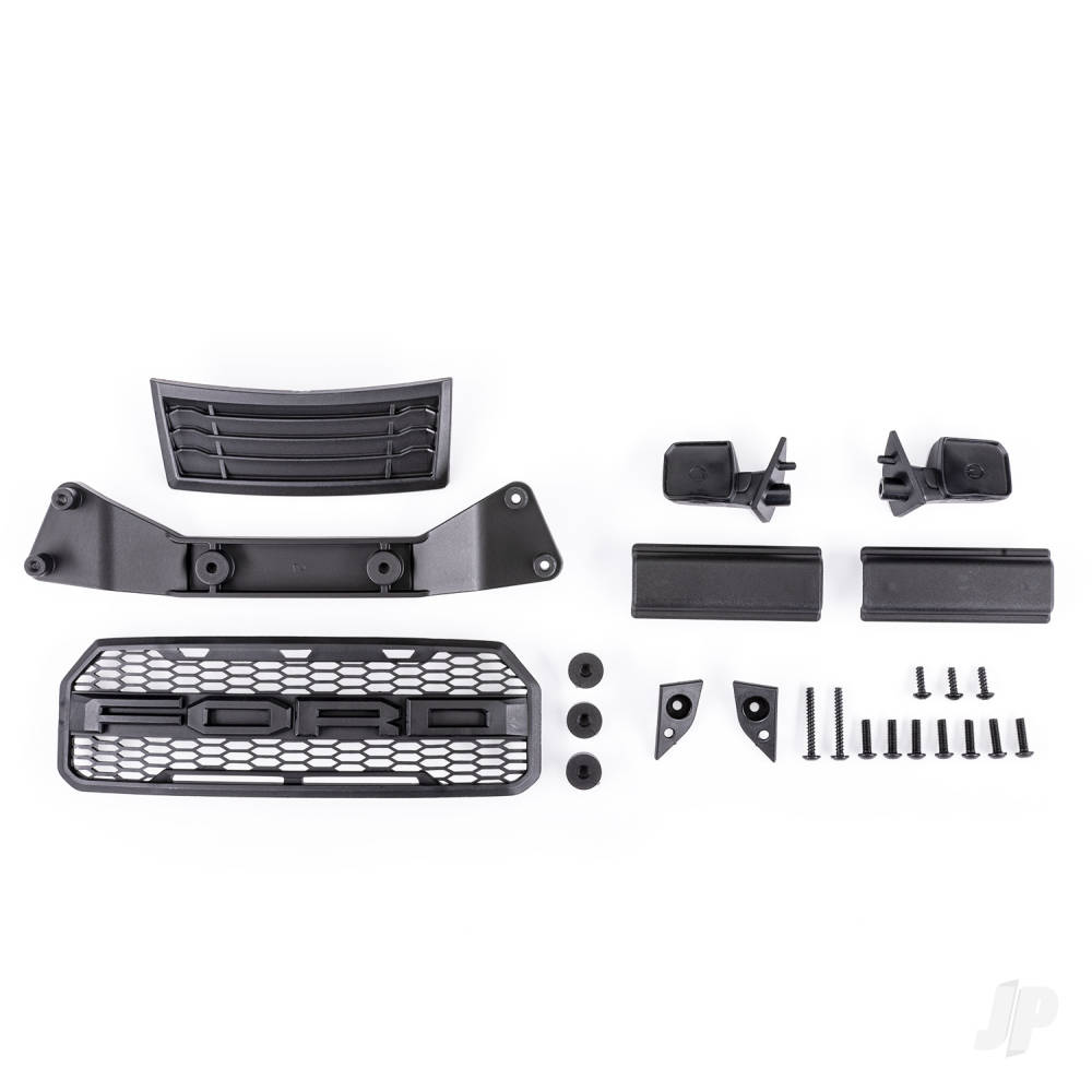 Traxxas Grille/ grille mount/ mirrors, side (left & right)/ mirror mounts (left & right)/ body mount adapter/ rear latch retainers (2)/ 2.6x8mm BCS (self-tapping) (3)/ 2.6x20mm BCS (self-tapping) (2)/ 3x10mm BCS (8) (fits #5916 body)