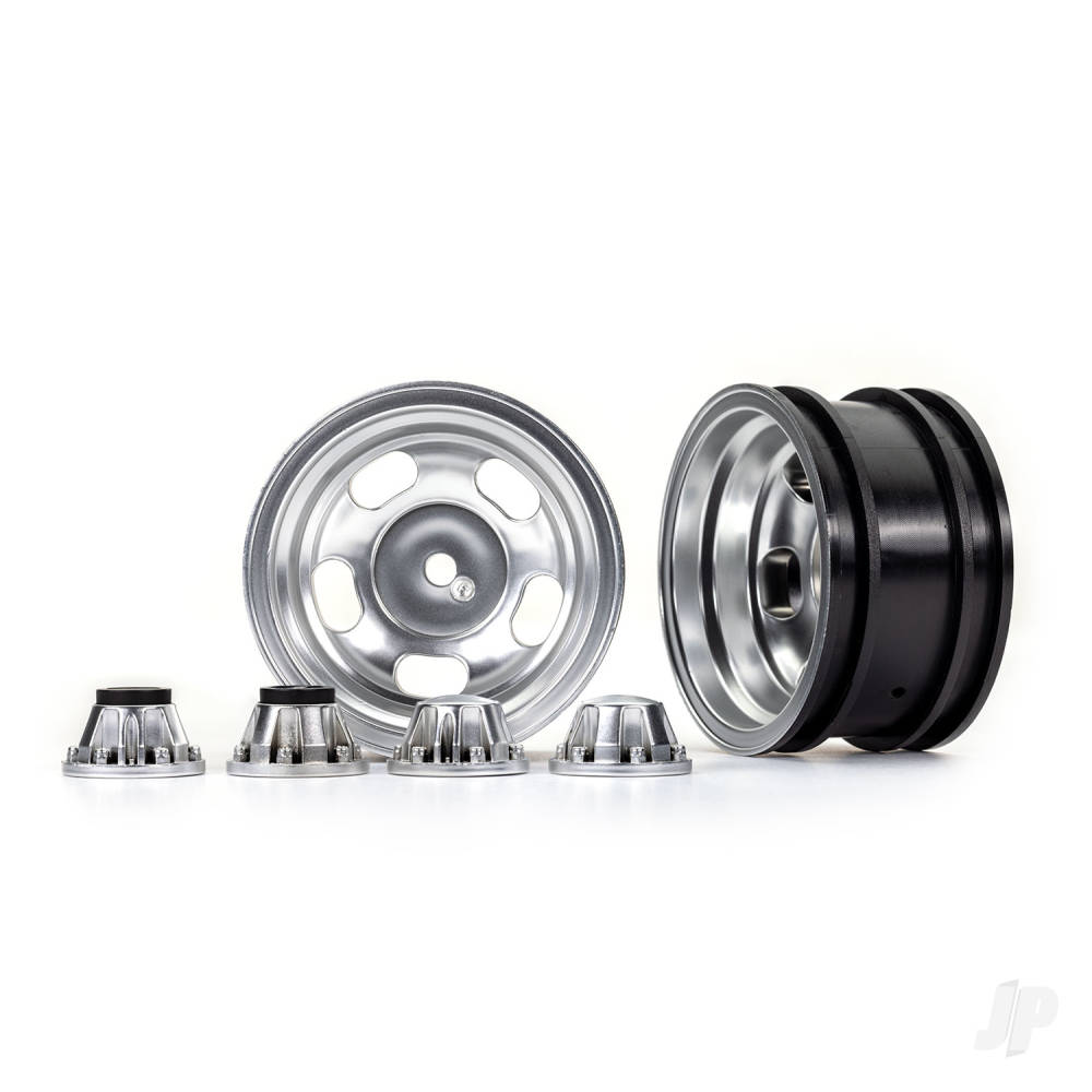 Traxxas Wheels, 2.2in, Satin Chrome (2) / centre caps (2) (requires #8255A extended thread stub axle)