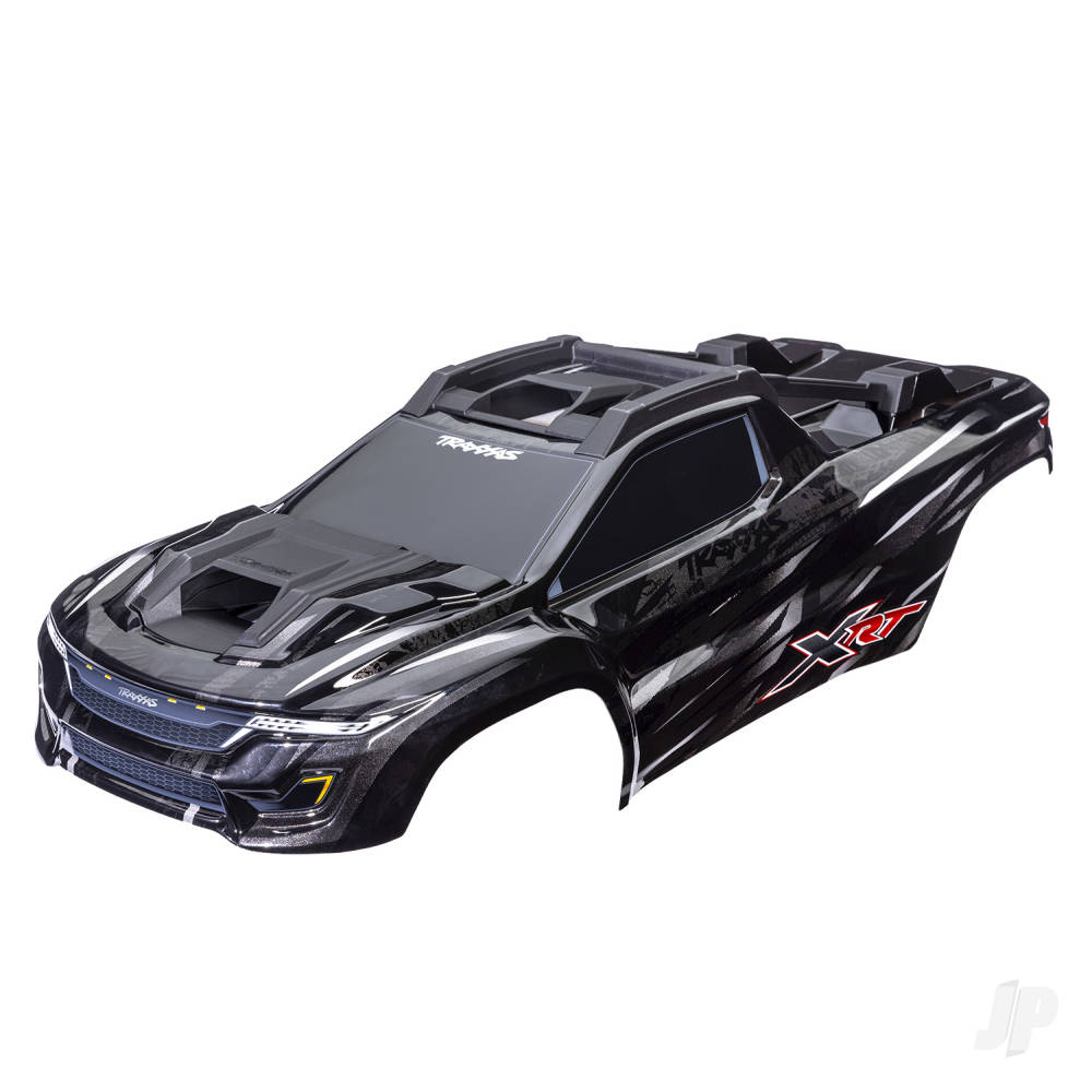 traxxas-body-xrt-black-painted-decals-applied-assembled-with-front-rear-body-supports-for-clipless-mounting-roof-hood-skid-pads