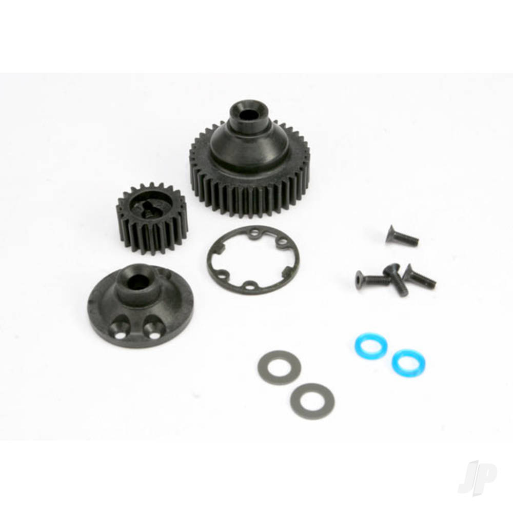 Traxxas Gears, Differential 38-T (1pc) / Differential drive gear 20-T / side cover plate (1pc) / gasket (1pc) / output gear seals (x-ring) (2 pcs) / 2.5x8mmCCS (4 pcs) / 5x10x.5mmTW (2 pcs)