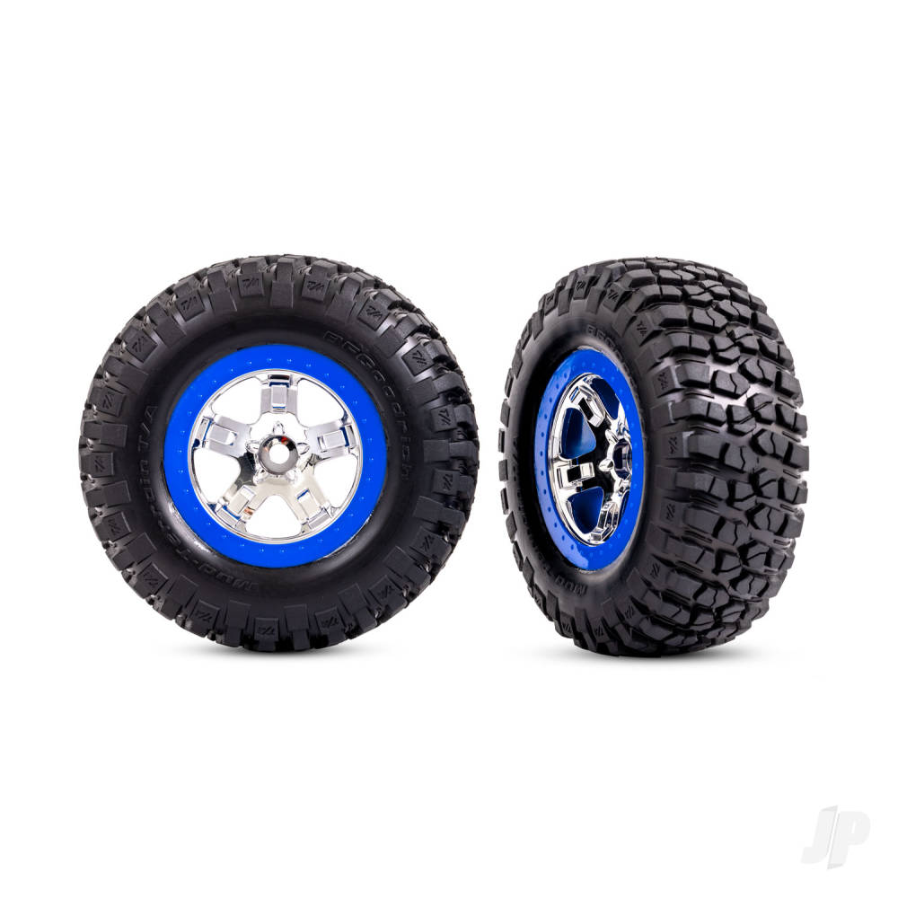 Traxxas Tyres & Wheels, Assembled, Glued (SCT Chrome, Blue beadlock style wheels, BFGoodrich Mud-Terrain T/A KM2 Tyres, foam inserts) (2) (2WD front)