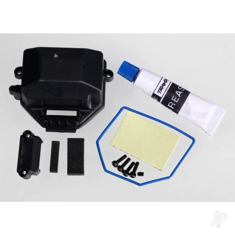 Traxxas Box, receiver (sealed) / wire cover / foam pads, upper & lower / silicone grease / 2.5x8 CS (4 pcs) / 3x4 GS (1pc)