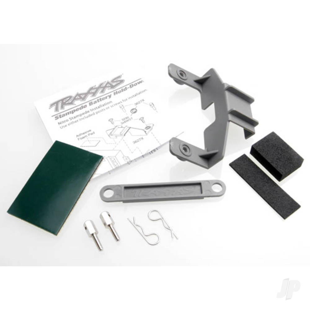 Traxxas Battery hold-down (Grey) (1pc) / receiver hold-down (Grey) (1pc) / metal posts (2 pcs) / spacers (2 pcs) / Body clips (2 pcs) / servo tape / adhesive foam pad