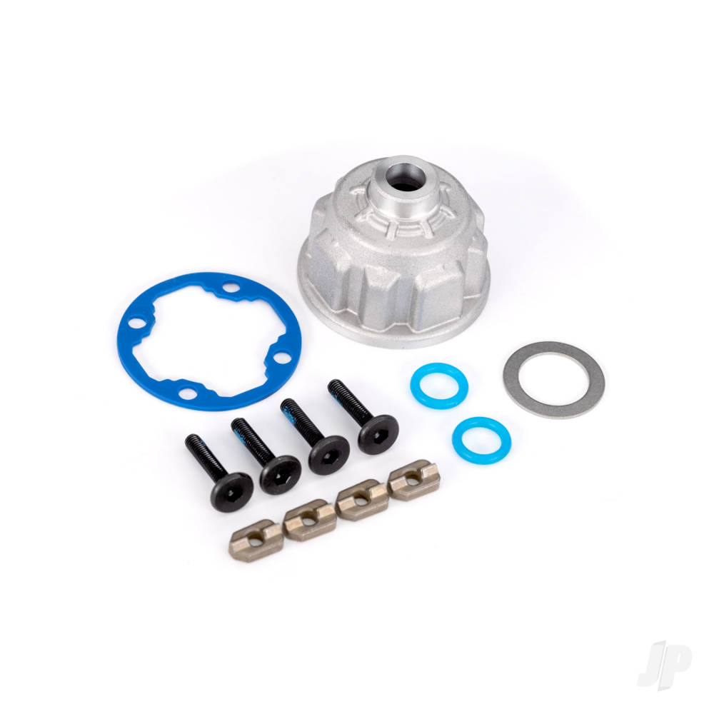 Traxxas Carrier, Differential (Aluminium)/ o-ring gaskets (2)/ ring gear gasket/ spacers (4)/ 12.2x18x0.5 MW/ 3x15mm flat-head machine screws (with threadlock) (4)