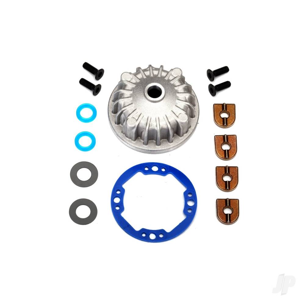 Traxxas Housing, centre Differential (Aluminium) / x-ring gaskets (2 pcs) / ring gear gasket / bushings (2 pcs) / 5x10x0.5mm PTFE-coated washers (2 pcs) / 2.5x8 CCS (4 pcs)