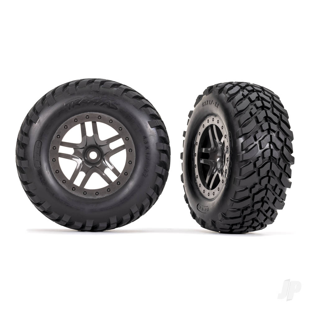 Traxxas Tyres & Wheels, Assembled, Glued (SCT Split-Spoke Grey beadlock style wheels, SCT off-road racing Tyres, foam inserts) (2) (4WD f/r, 2WD rear) (TSM rated)