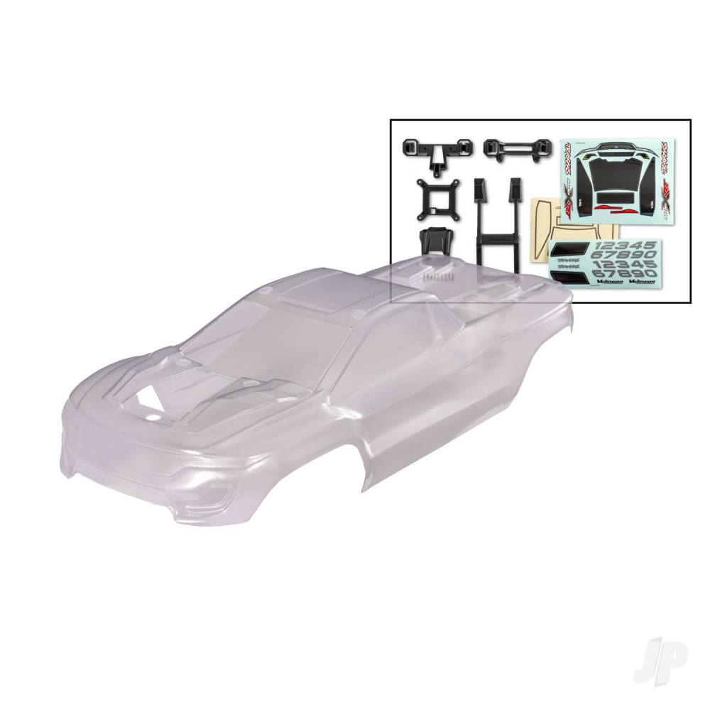 traxxas-body-mini-xrt-clear-requires-painting-window-masks-decal-sheet-includes-front-rear-body-latches-hardware-for-clipless-mounting