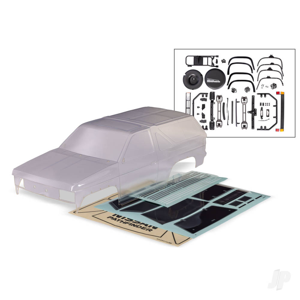 Traxxas Body, Nissan Pathfinder (1988) (clear, requires painting)/ decals/ window masks (includes grille, side mirrors, door handles, windshield wipers, clipless mounting, hardware) (requires #8080X inner fenders)