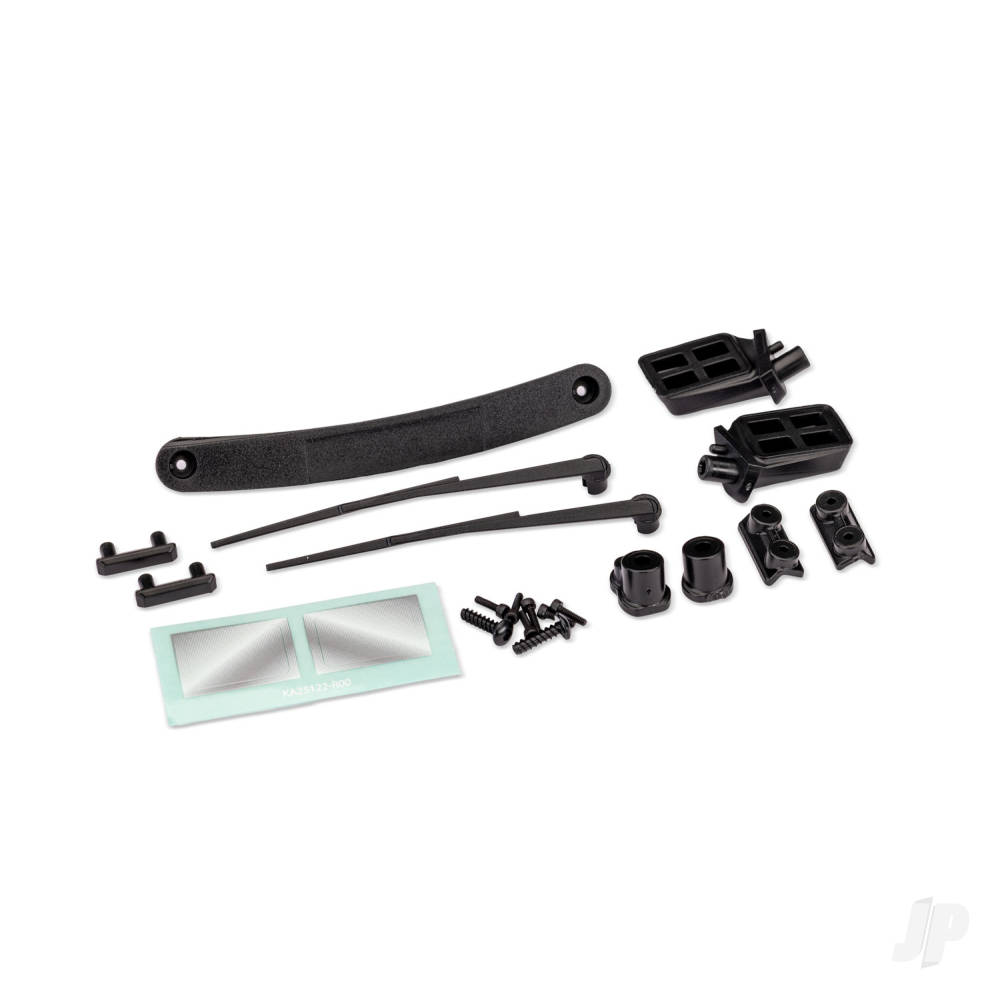 Traxxas Replacement body trim pieces for the 11011-series TRX-4 Nissan Pathfinder body. Includes side mirrors, windshield wipers, door handles, 2.6x10 mm screws (2), and 1.6x6 mm screws (6).