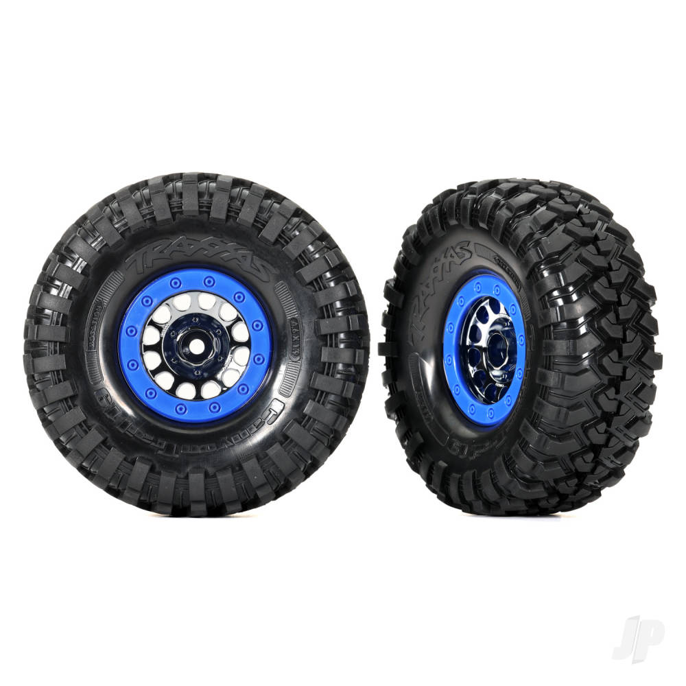 traxxas-wheels-tyres-assembled-method-race-wheels-105-beadlock-19-black-chrome-blue-beadlock-style-wheels-canyon-trail-46x19-tyres-foam-inserts-1-left-1-right