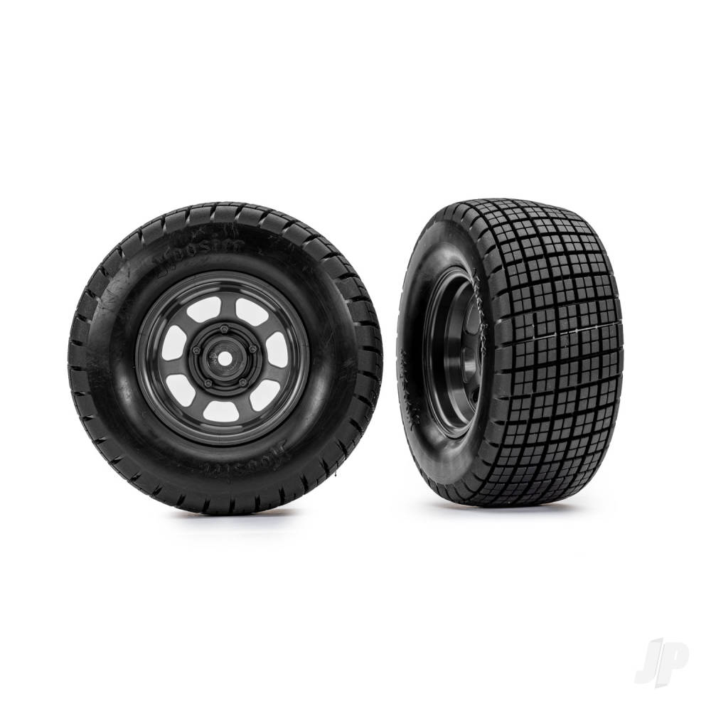 Traxxas Tyres & Wheels, Assembled, Glued (dirt oval, Graphite Grey wheels, Hoosier tyres, foam inserts) (2) (2WD front only)