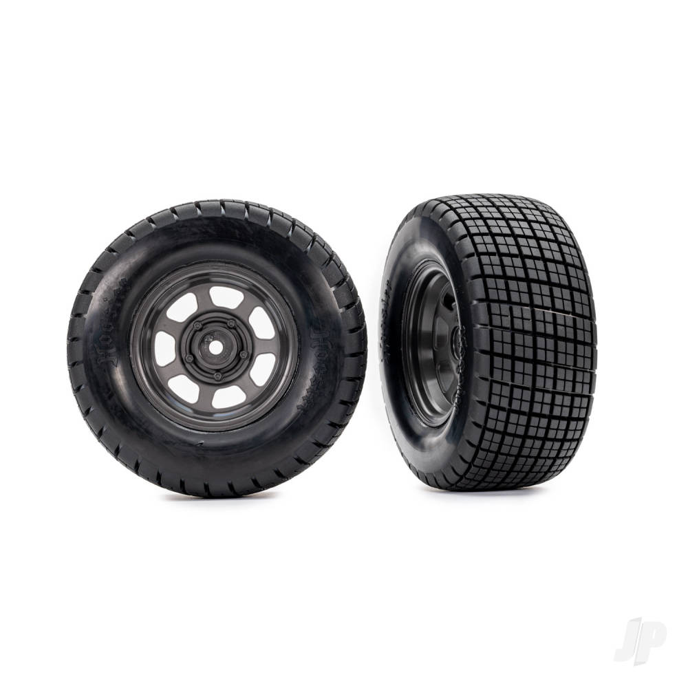 Traxxas Tyres & Wheels, Assembled, Glued (dirt oval, Graphite Grey wheels, Hoosier tyres, foam inserts) (2) (4WD front/rear, 2WD rear only)