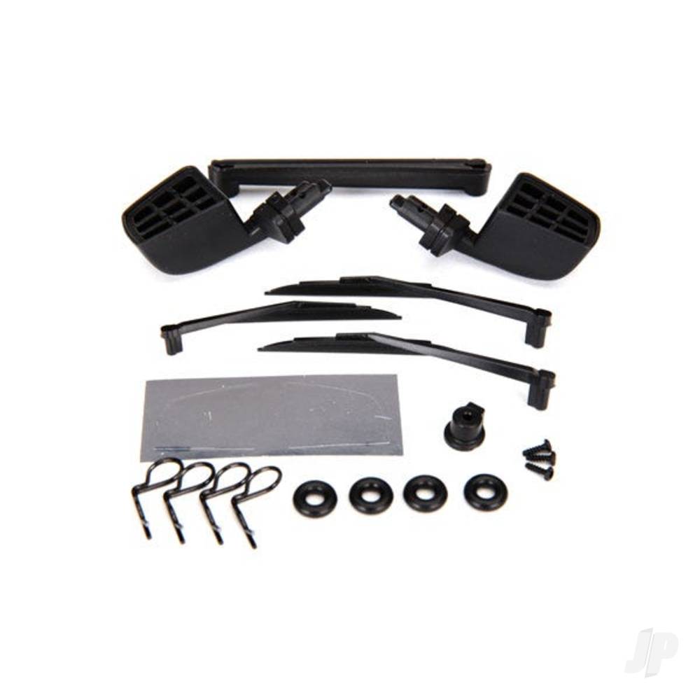 Traxxas Mirrors, side, Black (left & right) / o-rings (4 pcs) / windshield wipers, left, right, & Rear / wiper retainers (2 pcs) / Body clips (4 pcs) / 1.6x5 BCS (self-tapping) (3 pcs)