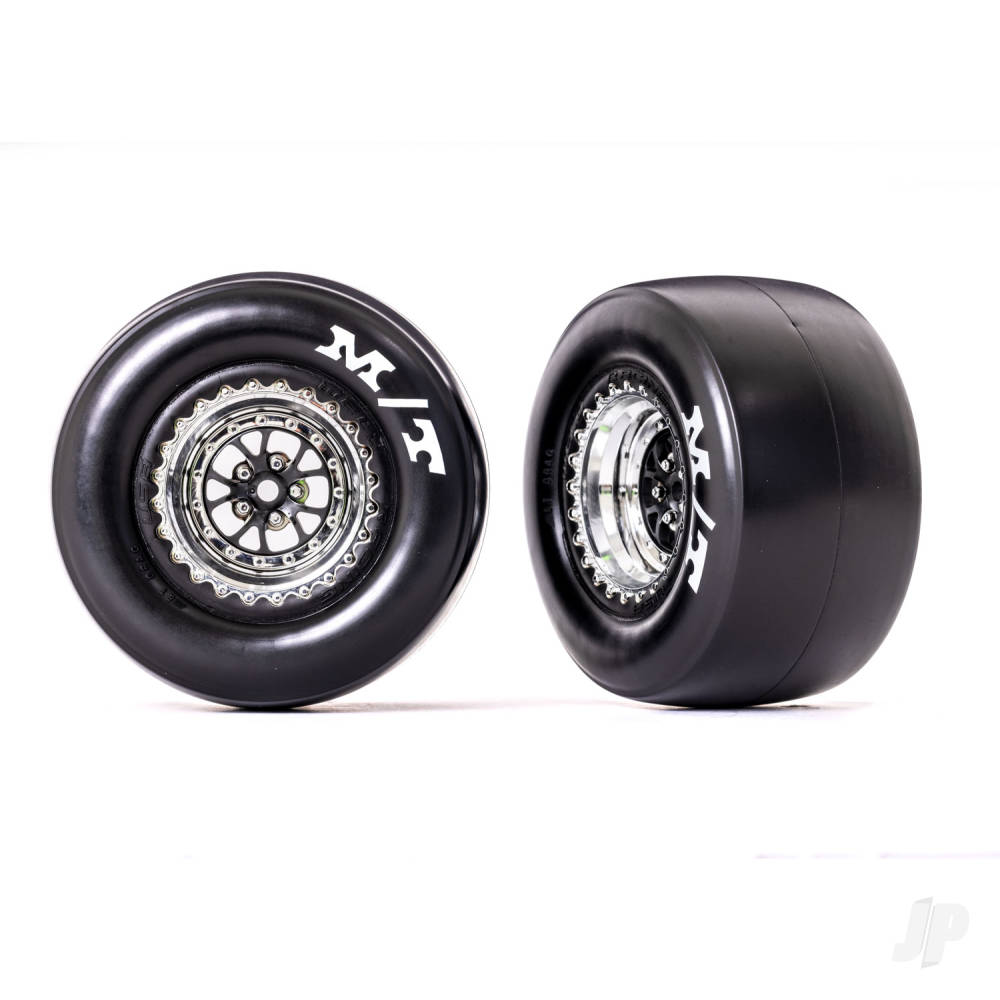Traxxas Tyres & Wheels, Assembled, Glued (Weld Chrome with Black wheels, Mickey Thompson Drag Slicks, sticky compound, foam inserts) (rear) (2 pcs)