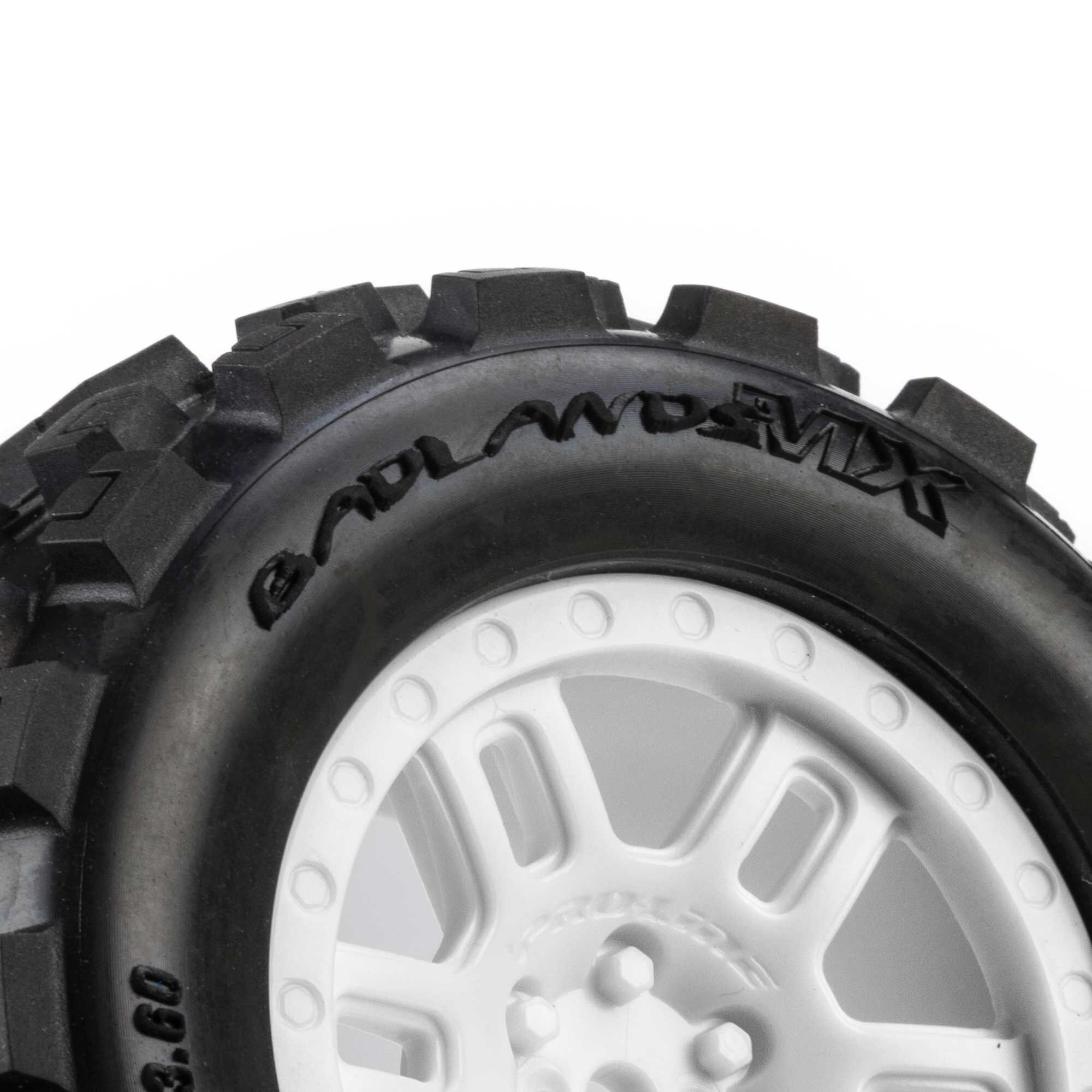 1/16 Badlands MX Front/Rear MT Tires Mounted 12mm White Spli-5