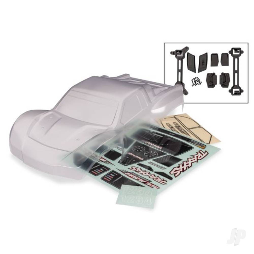 traxxas-body-slash-2wd-also-fits-slash-vxl-slash-4wd-clear-requires-painting-window-masks-decal-sheet-requires-6953-latches-and-6952-latch-mounts-for-clipless-mounting