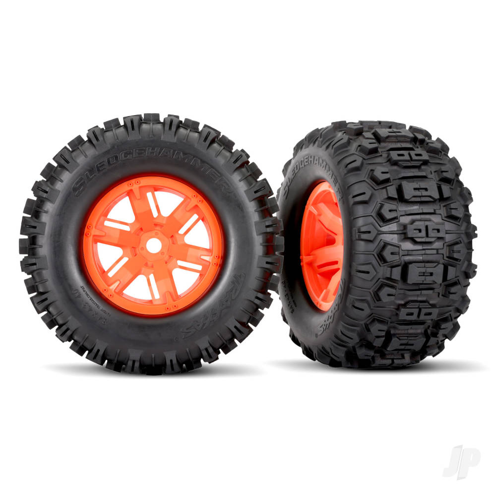 Traxxas Tyres & Wheels, Assembled, Glued (X-Maxx Orange wheels, Sledgehammer Tyres, foam inserts) (left & right) (2 pcs)
