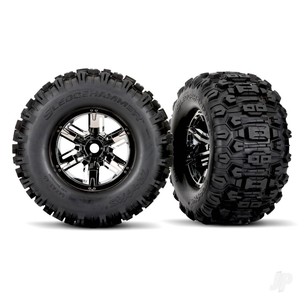 traxxas-tyres-wheels-assembled-glued-x-maxx-black-chrome-wheels-sledgehammer-tyres-foam-inserts-left-right-2-pcs
