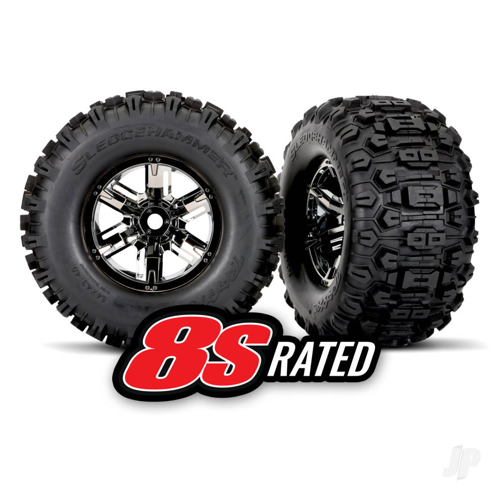 traxxas-tyres-wheels-assembled-glued-x-maxx-black-chrome-wheels-sledgehammer-tyres-foam-inserts-left-right-2-pcs