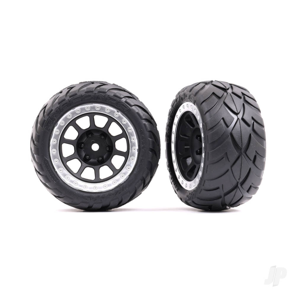 Traxxas Tyres & Wheels, Assembled (2.2in Graphite Grey, Satin Chrome beadlock wheels, Anaconda 2.2in Tyres with foam inserts) (2) (Bandit rear)