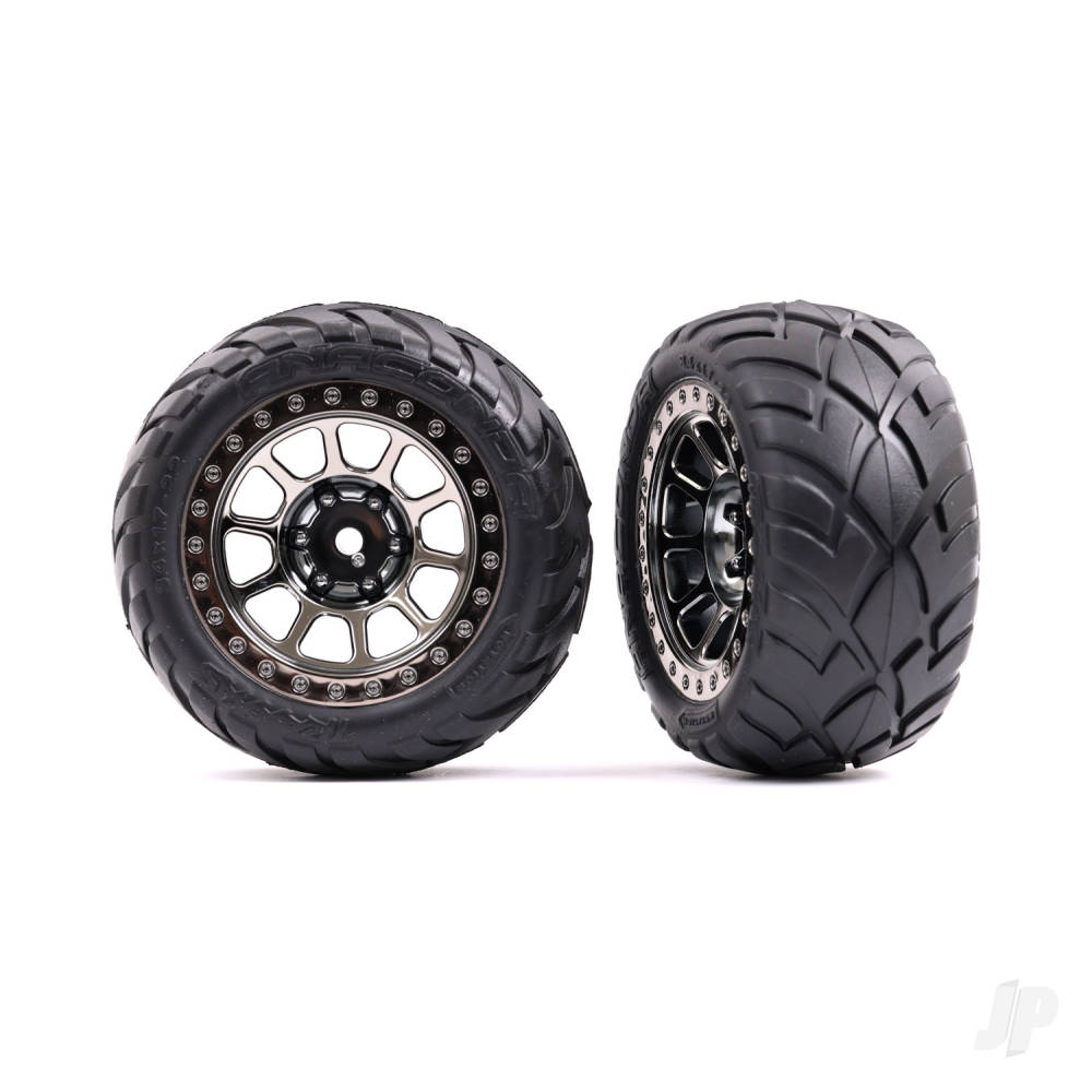 Traxxas Tyres & Wheels, Assembled (2.2in Black Chrome wheels, Anaconda 2.2in Tyres with foam inserts) (2) (Bandit rear))