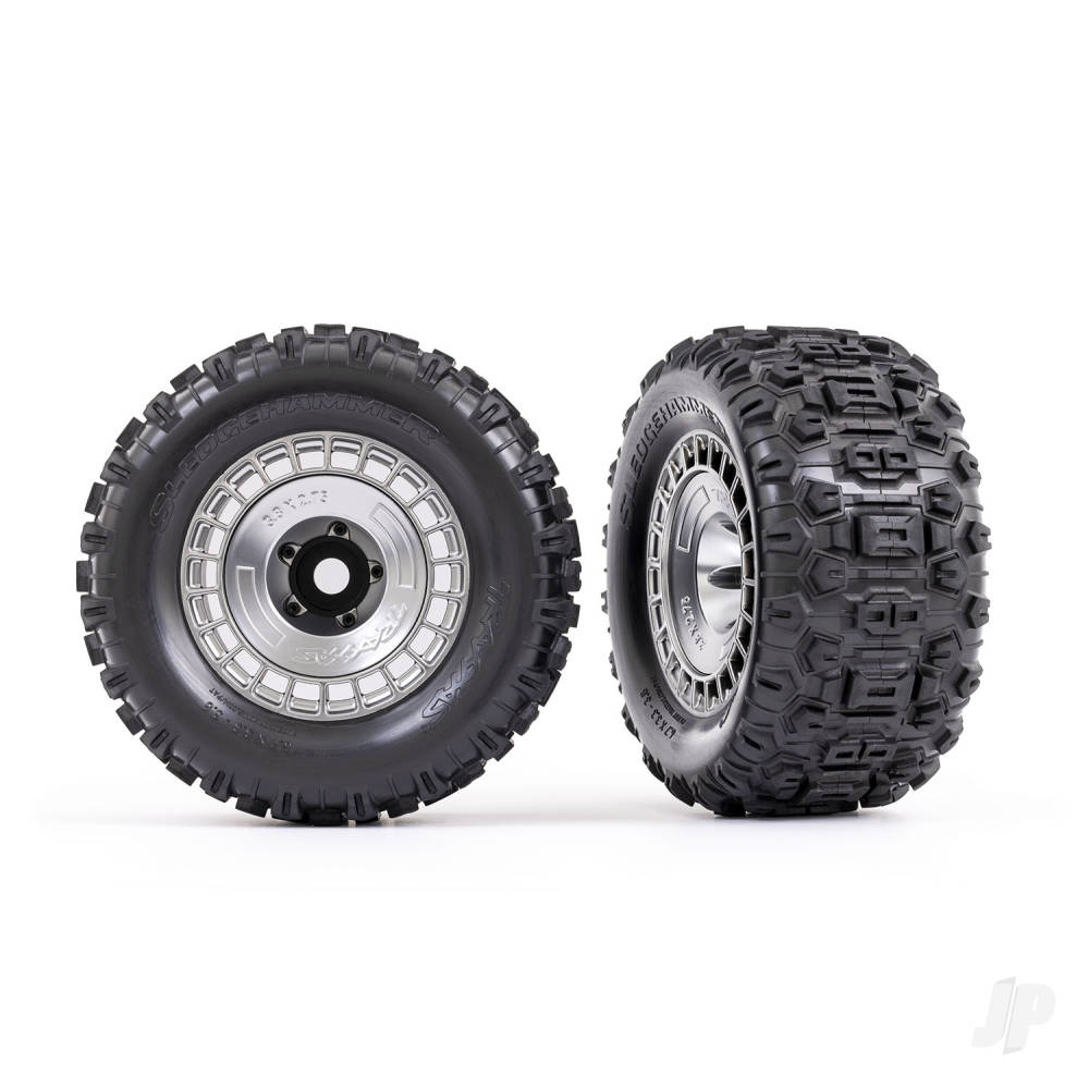 Traxxas Tyres & Wheels, Assembled, Glued (3.8in Satin Chrome wheels, Satin Chrome wheel covers, Sledgehammer tyres, foam inserts) (2 pcs)