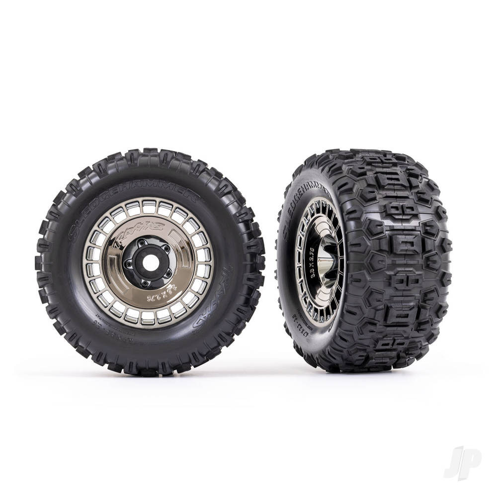 Traxxas Tyres & Wheels, Assembled, Glued (3.8in Black Chrome wheels, Black Chrome wheel covers, Sledgehammer tyres, foam inserts) (2 pcs)