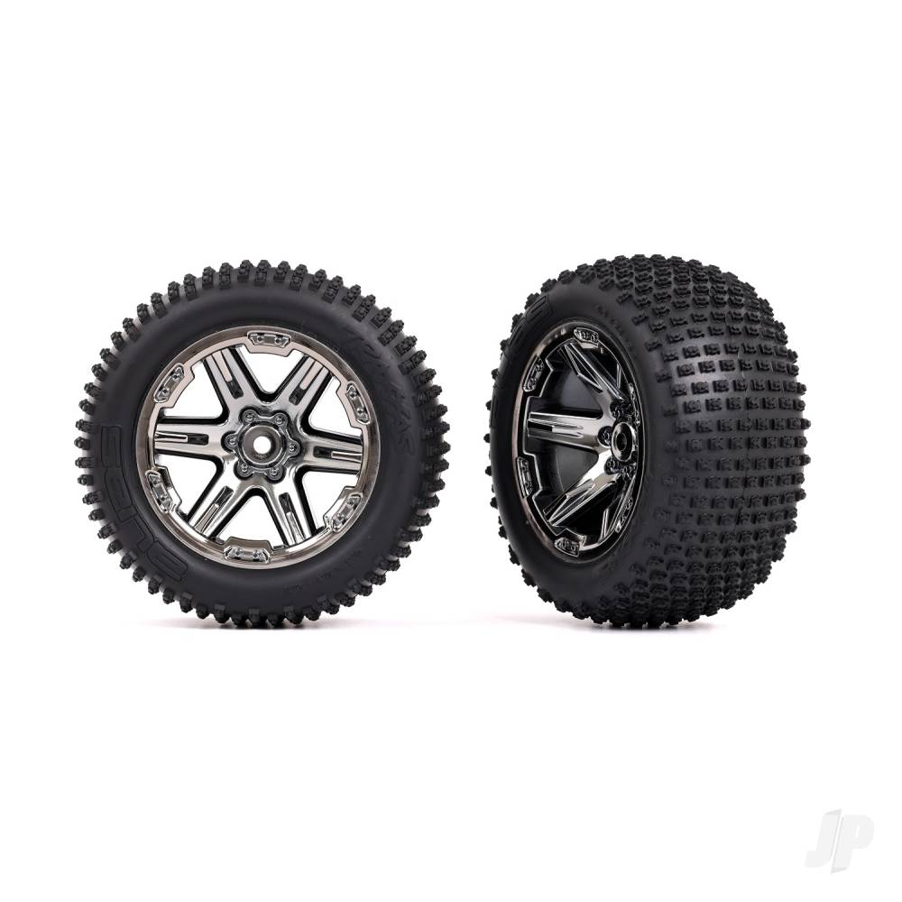 Traxxas Tyres & Wheels, Assembled, Glued (2.8in) (RXT Black Chrome wheels, Alias Tyres, foam inserts) (2WD electric rear) (2 pcs) (TSM rated)