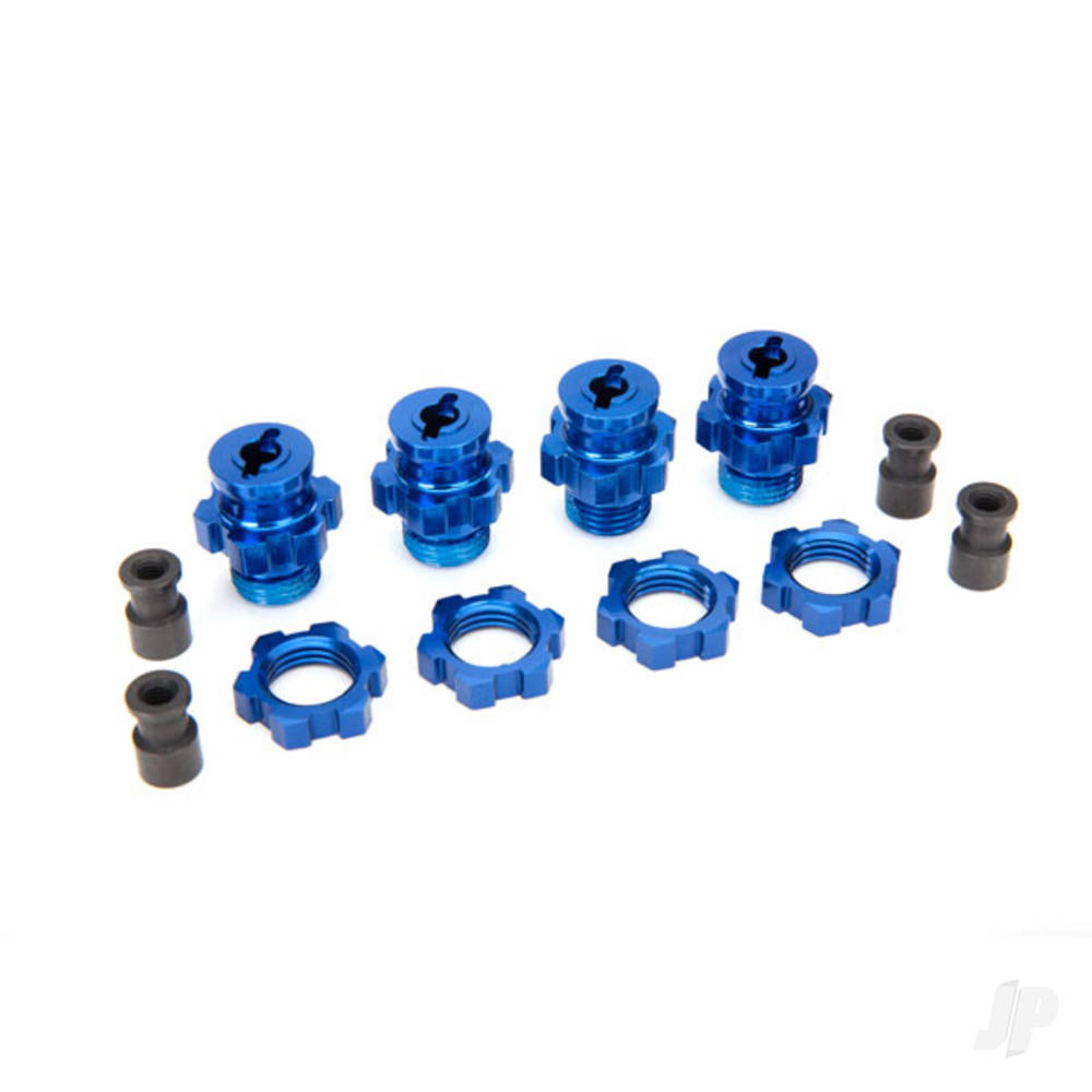 Traxxas Wheel Hubs, splined, 17mm, Short (4 pcs) / wheel nuts, splined, 17mm (4 pcs) (Blue-anodised) / Hub retainer M4 X 0.7 (4 pcs) / axle pin (4 pcs) / wrench, 5mm