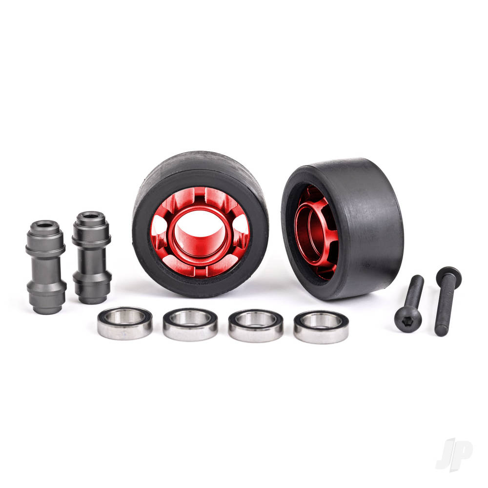 Traxxas Wheels, wheelie bar, 6061-T6 aluminium (Red-anodised) (2)/ axle, wheelie bar, 6061-T6 aluminium (2) / 10x15x4 ball bearings (4)