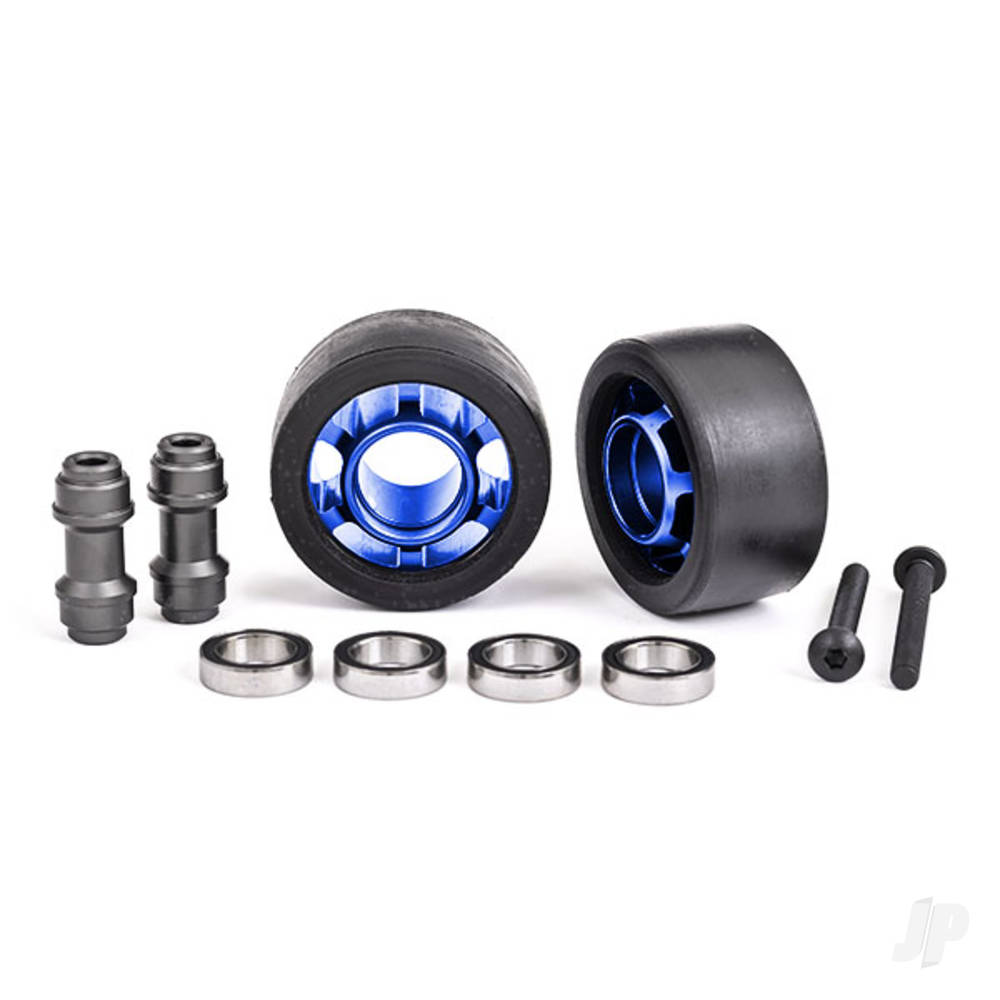 Traxxas Wheels, wheelie bar, 6061-T6 aluminium (Blue-anodised) (2) / axle, wheelie bar, 6061-T6 aluminium (2) / 10x15x4 ball bearings (4)