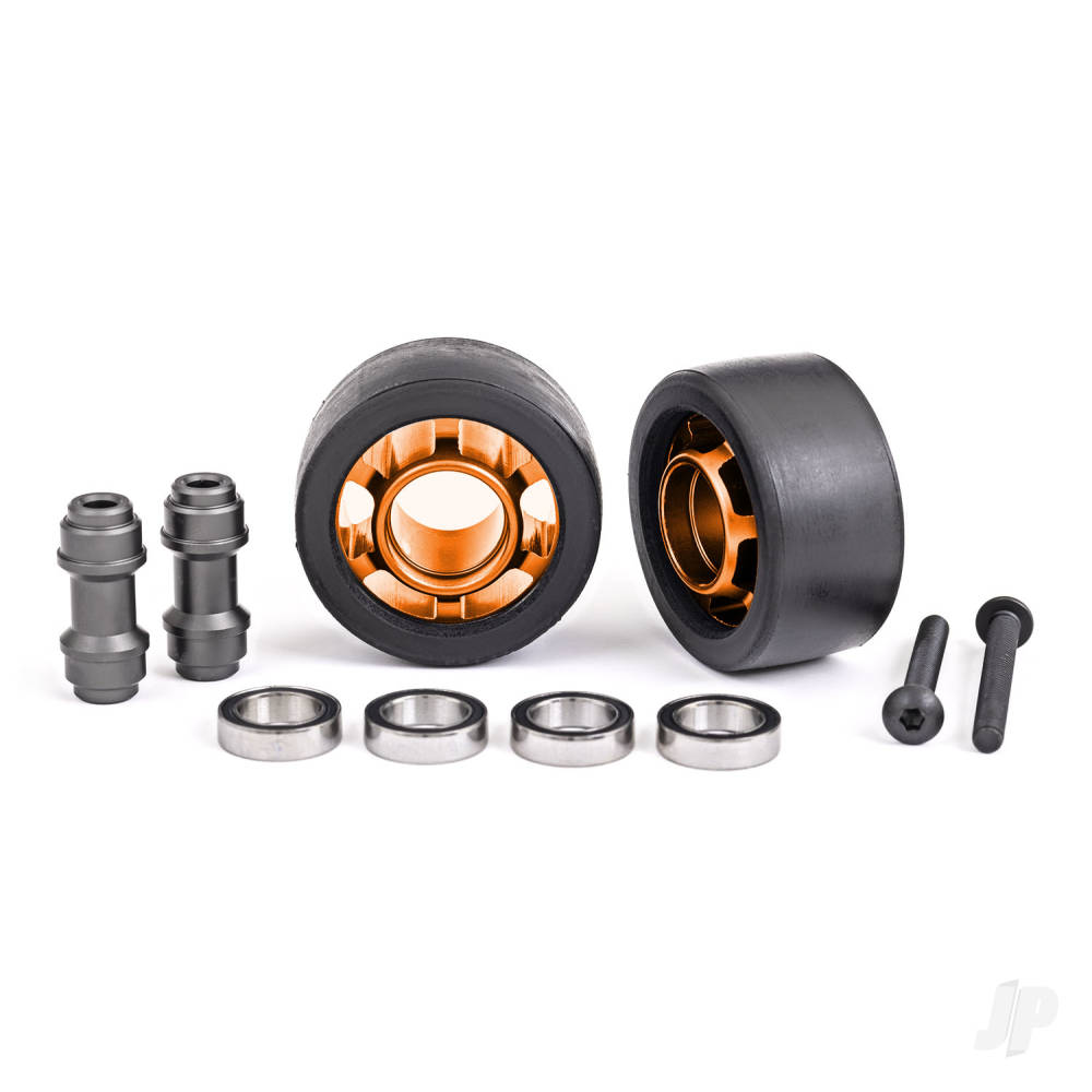 Traxxas Wheels, wheelie bar, 6061-T6 aluminium (Orange-anodised) (2)/ axle, wheelie bar, 6061-T6 aluminium (2)/ 10x15x4 ball bearings (4)